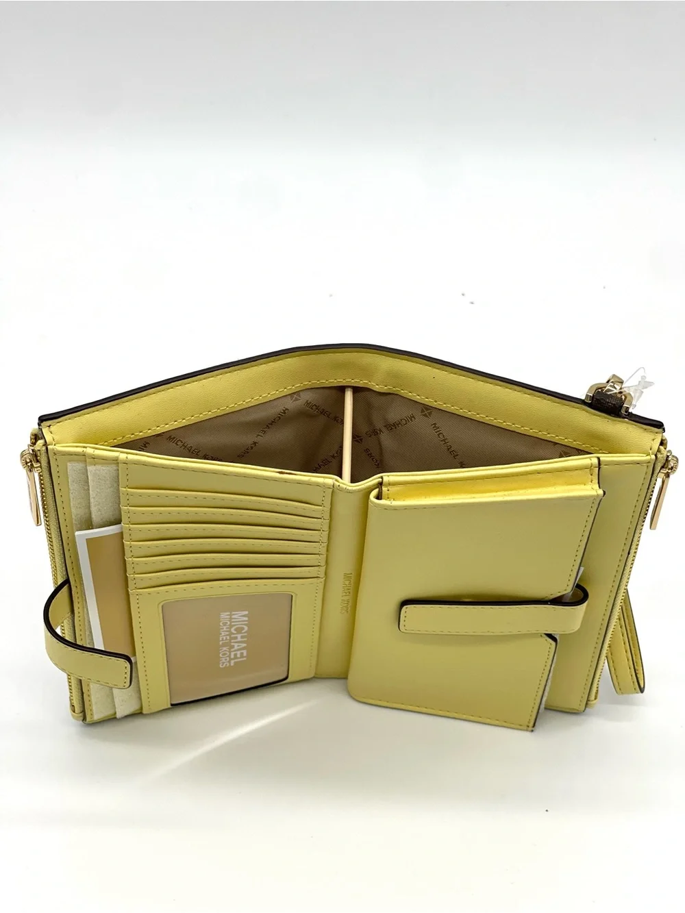 Michael Kors Large Double Zip Brown MK Logo Wristlet with Yellow Trim